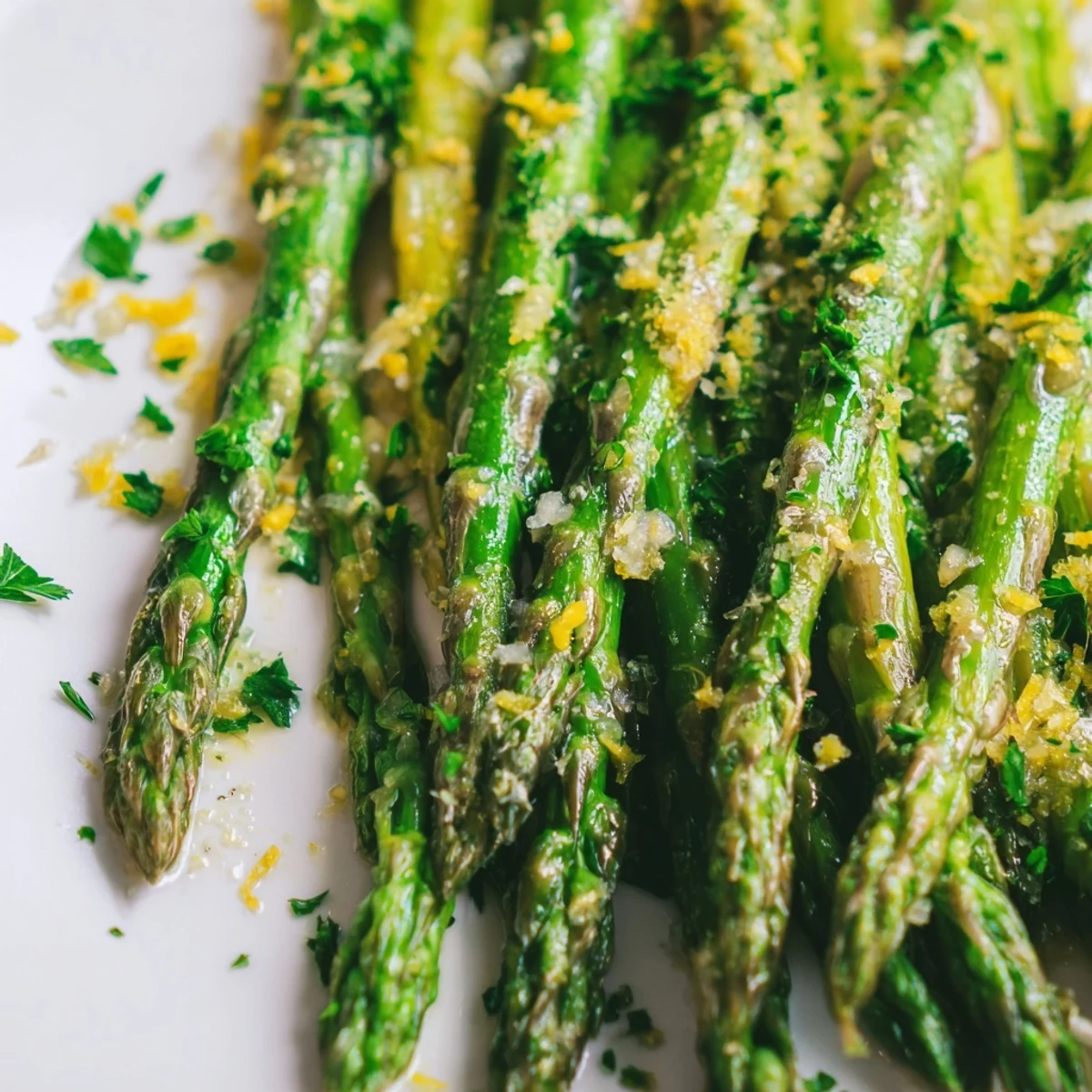 Fresh roasted asparagus spears coated in garlic and olive oil, finished with bright lemon zest and parsley on a platter.