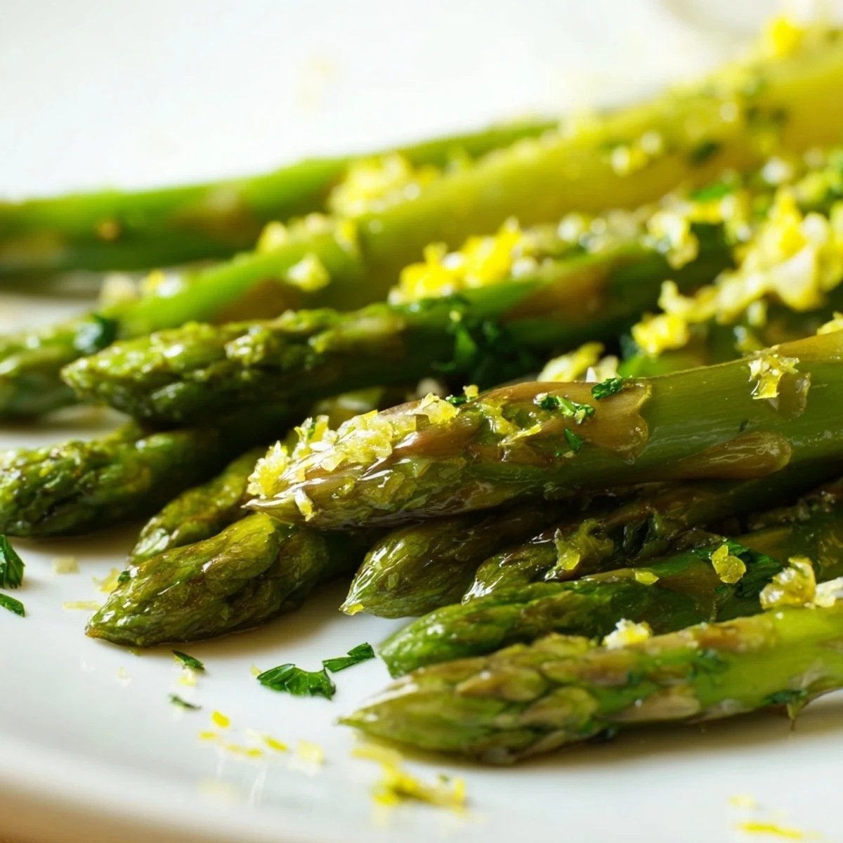 Golden Lemon Garlic Roasted Asparagus tossed with fresh herbs and lemon juice, plated next to grilled chicken for a complete meal.