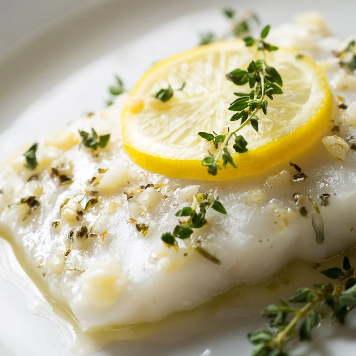 Golden-brown baked halibut with lemon slices and fresh parsley, ready to serve.