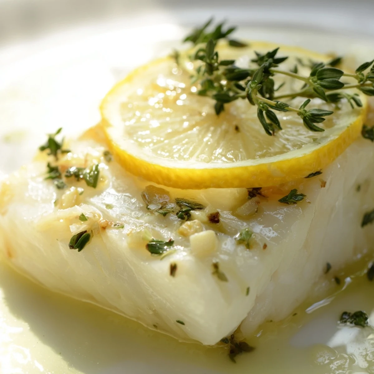 A close-up of tender baked halibut with lemon zest and herbs.