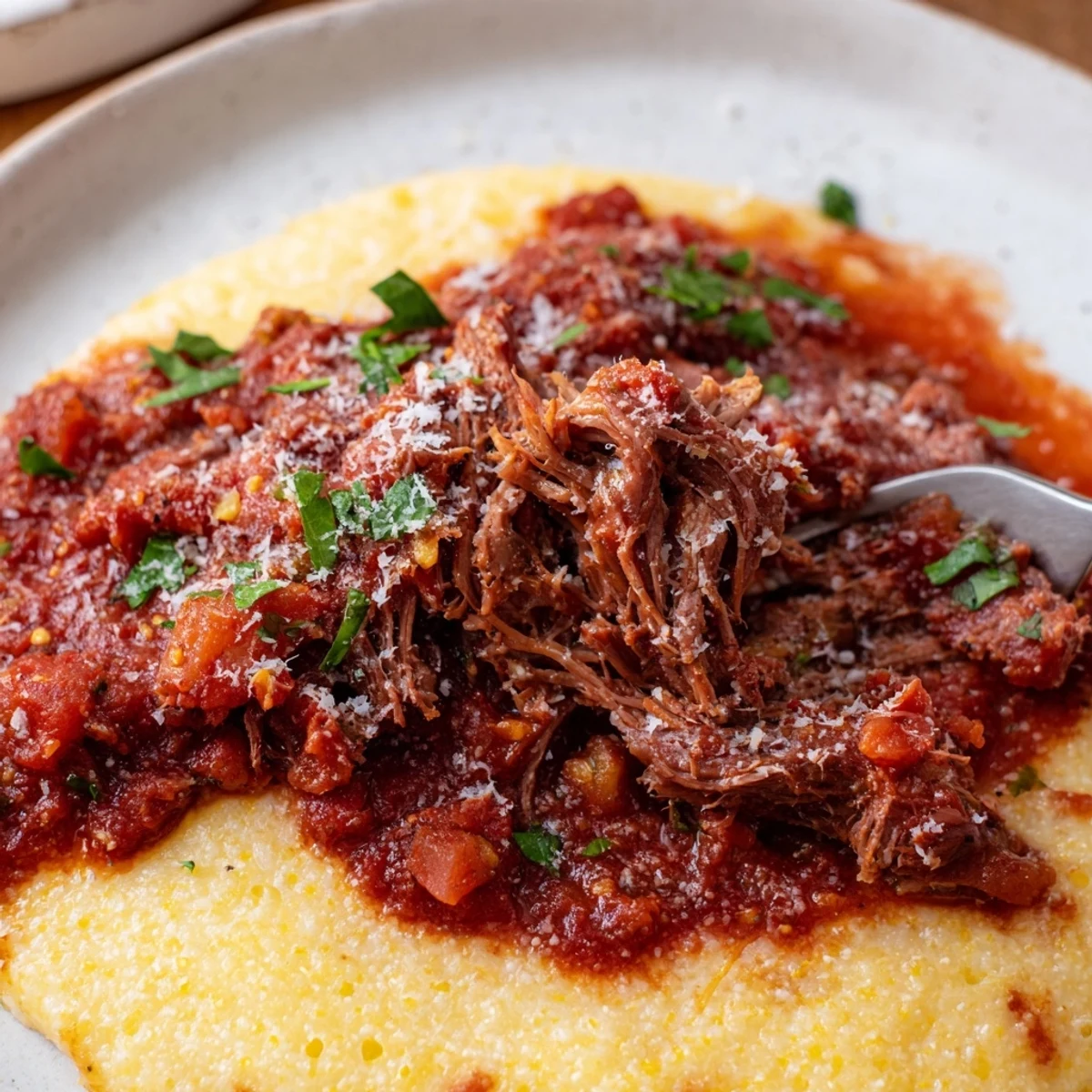 A hearty Slow Cooker Beef Ragu over Polenta topped with fresh basil and extra Parmesan.