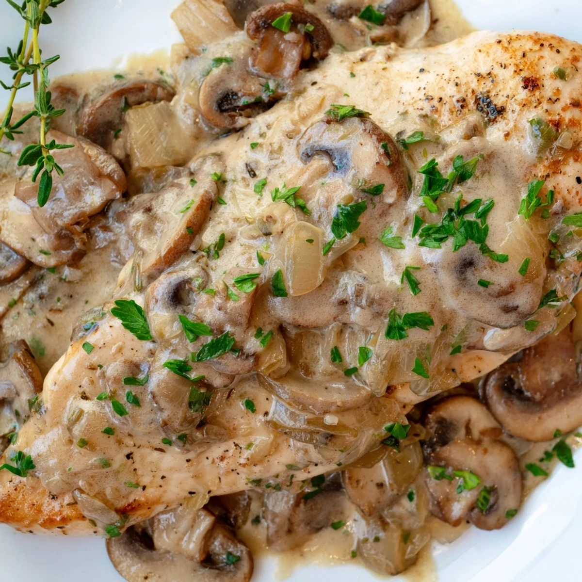 Creamy Mushroom Chicken Skillet is finished with fresh parsley and served alongside fluffy mashed potatoes.