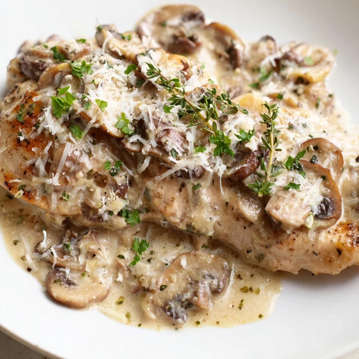 Golden-brown seared chicken breasts simmer in a creamy mushroom sauce inside a hot cast-iron skillet.