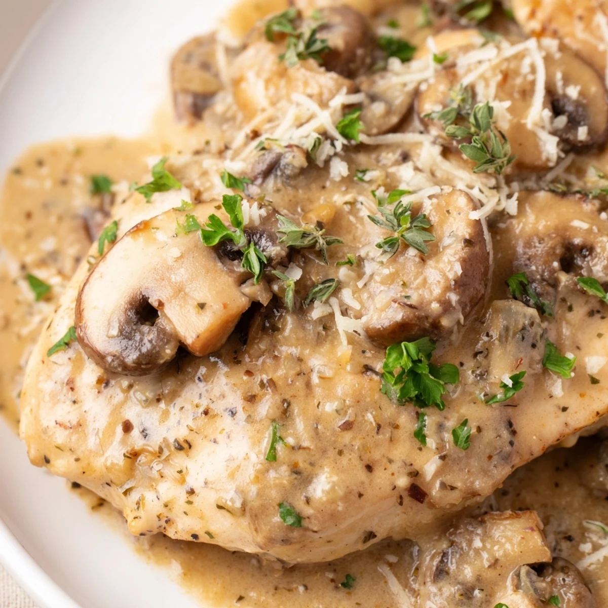 Sizzling Creamy Mushroom Chicken Skillet features tender meat, sautéed cremini mushrooms, and a rich garlic parmesan sauce.