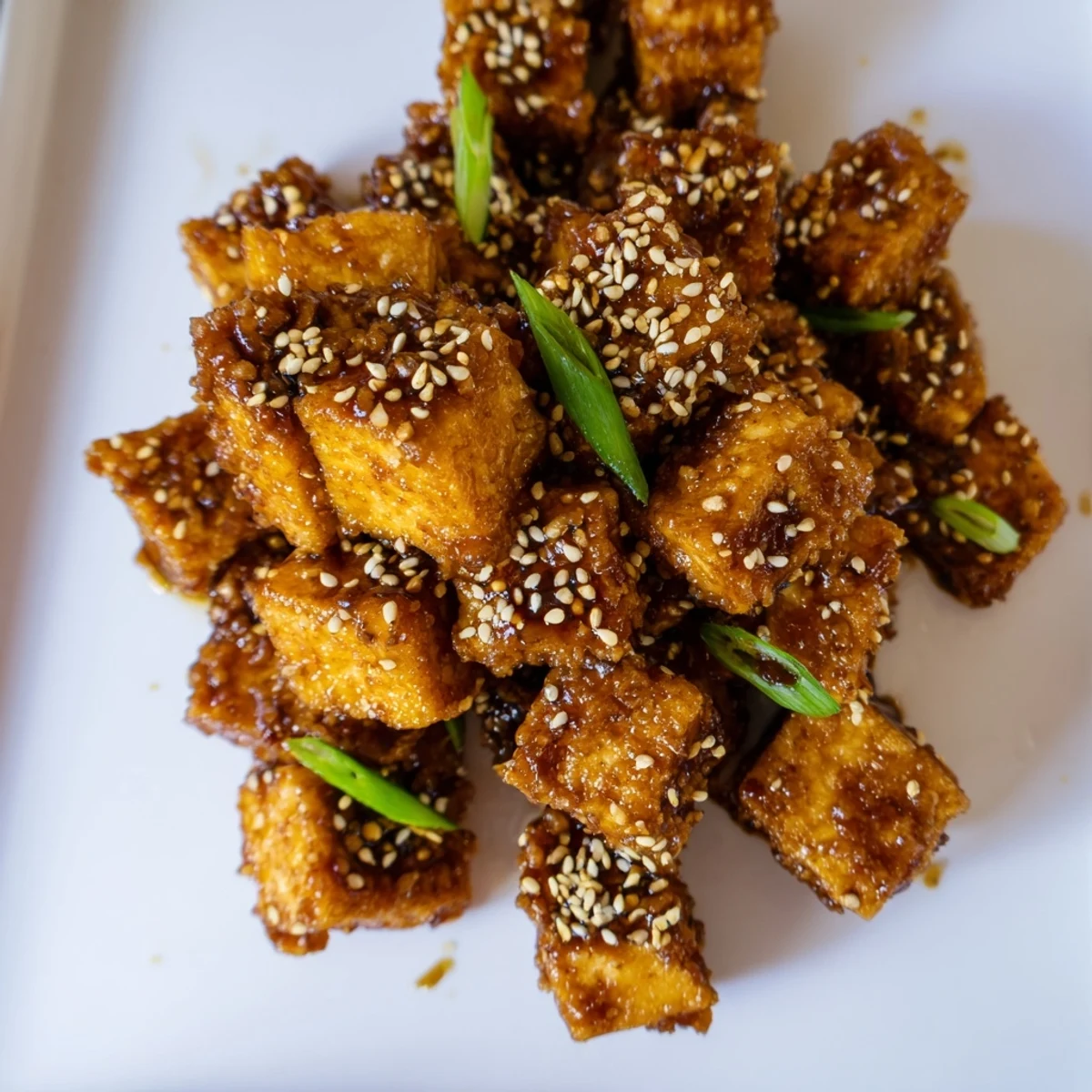 Crispy Air Fryer Tofu with Soy Glaze glistens with sticky sauce and sesame seeds next to fluffy white rice.