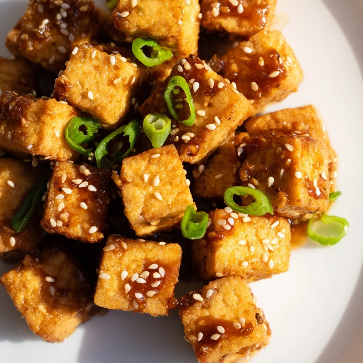 Tossing Crispy Air Fryer Tofu with Soy Glaze in a bowl with chopsticks highlights its sticky texture.
