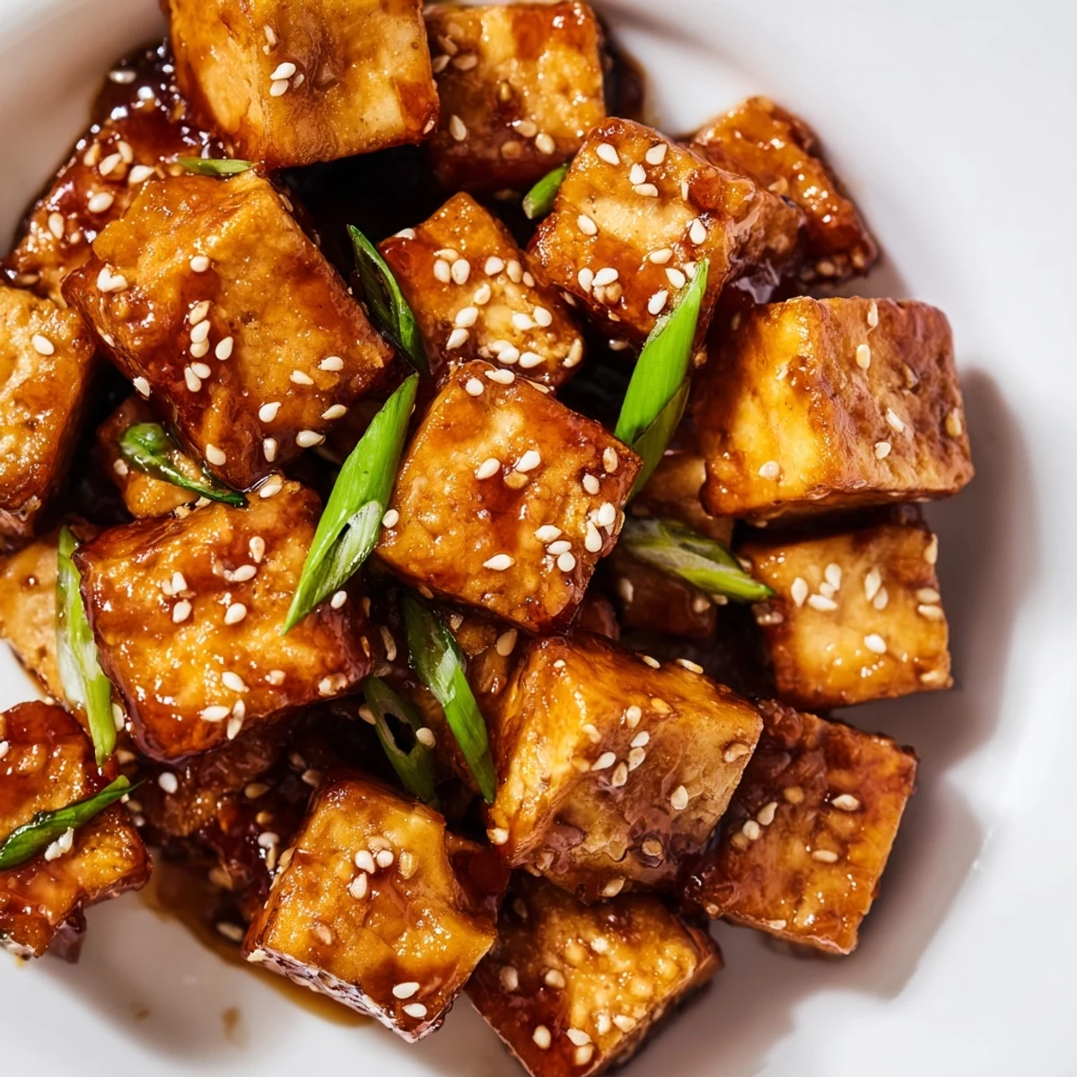 A close-up of Crispy Air Fryer Tofu with Soy Glaze shows golden edges and fresh green onion garnish.