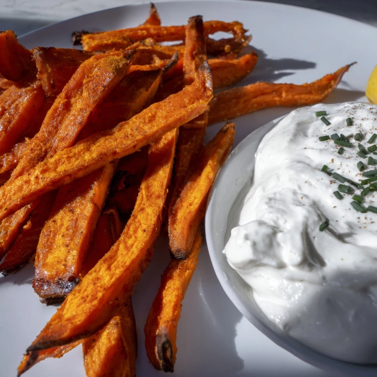 Golden-brown Roasted Sweet Potato Fries with Dip piled high on a baking sheet next to a small white bowl of creamy dip.