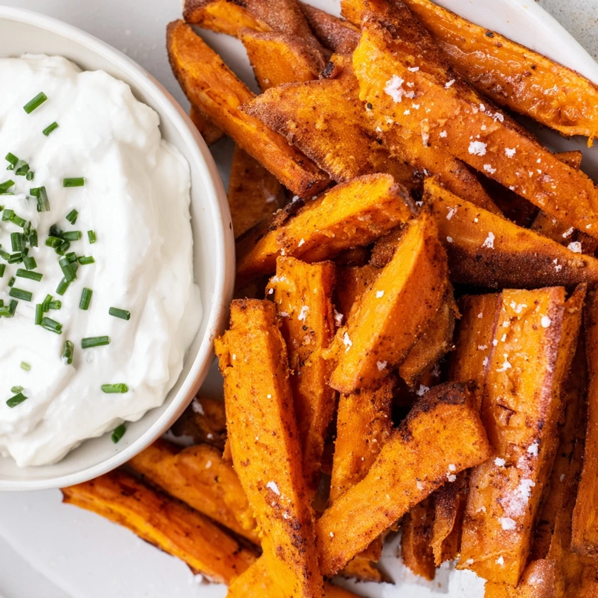 Freshly baked Roasted Sweet Potato Fries with Dip served on a rustic wooden board with chive garnish and lemon wedges.