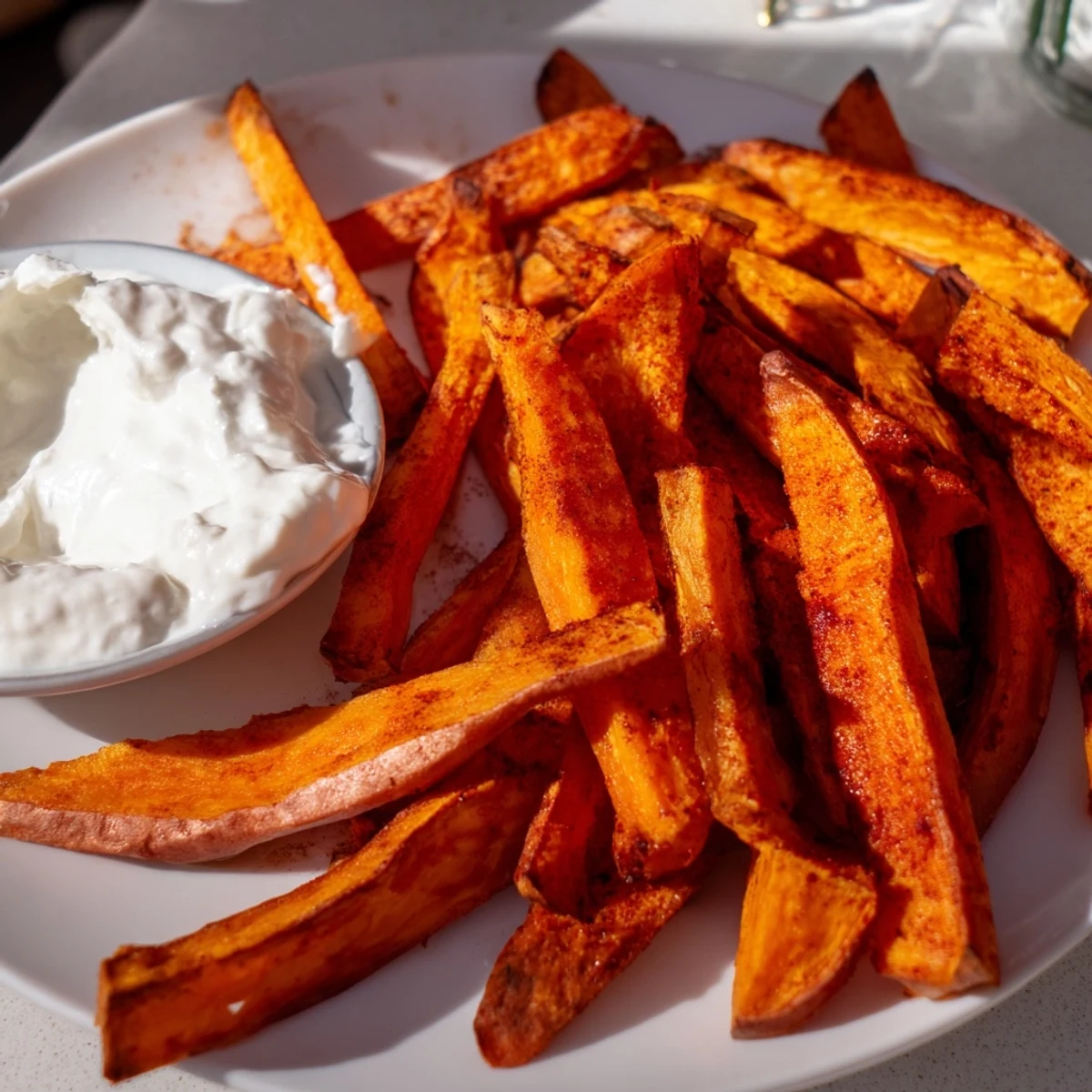 Close-up of crispy Roasted Sweet Potato Fries with Dip showing steam rising and a golden brown edge texture.