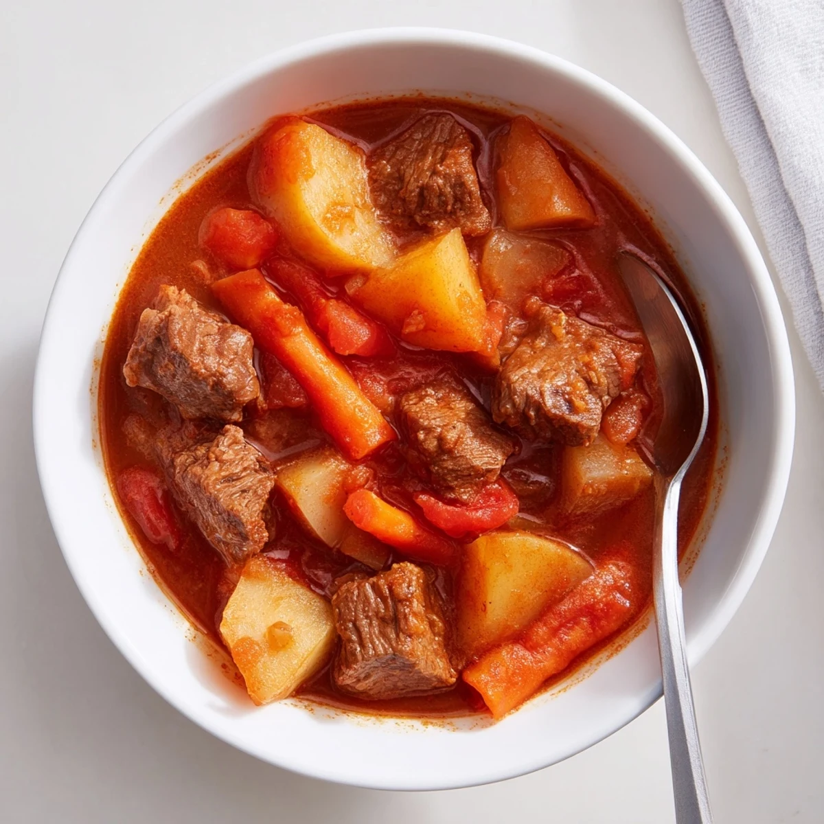 Slow Cooker Supper Stew with tender beef chunks and diced root vegetables, steaming in a rustic bowl. 
