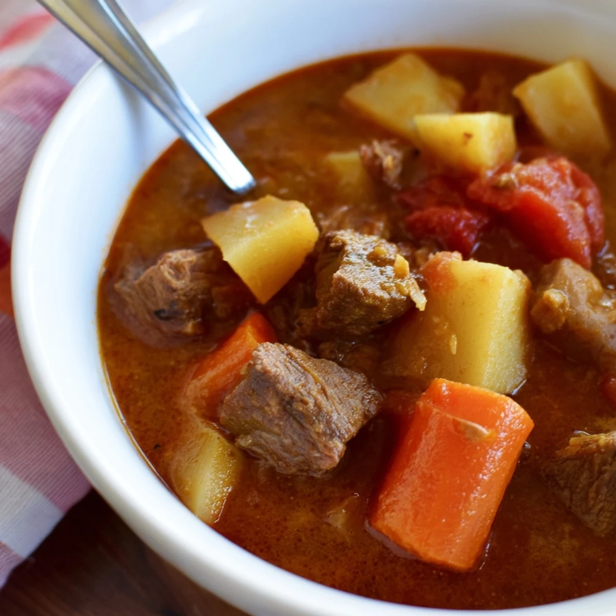 Spoon lifting a serving of Slow Cooker Supper Stew, alongside crusty bread for a comforting family dinner.