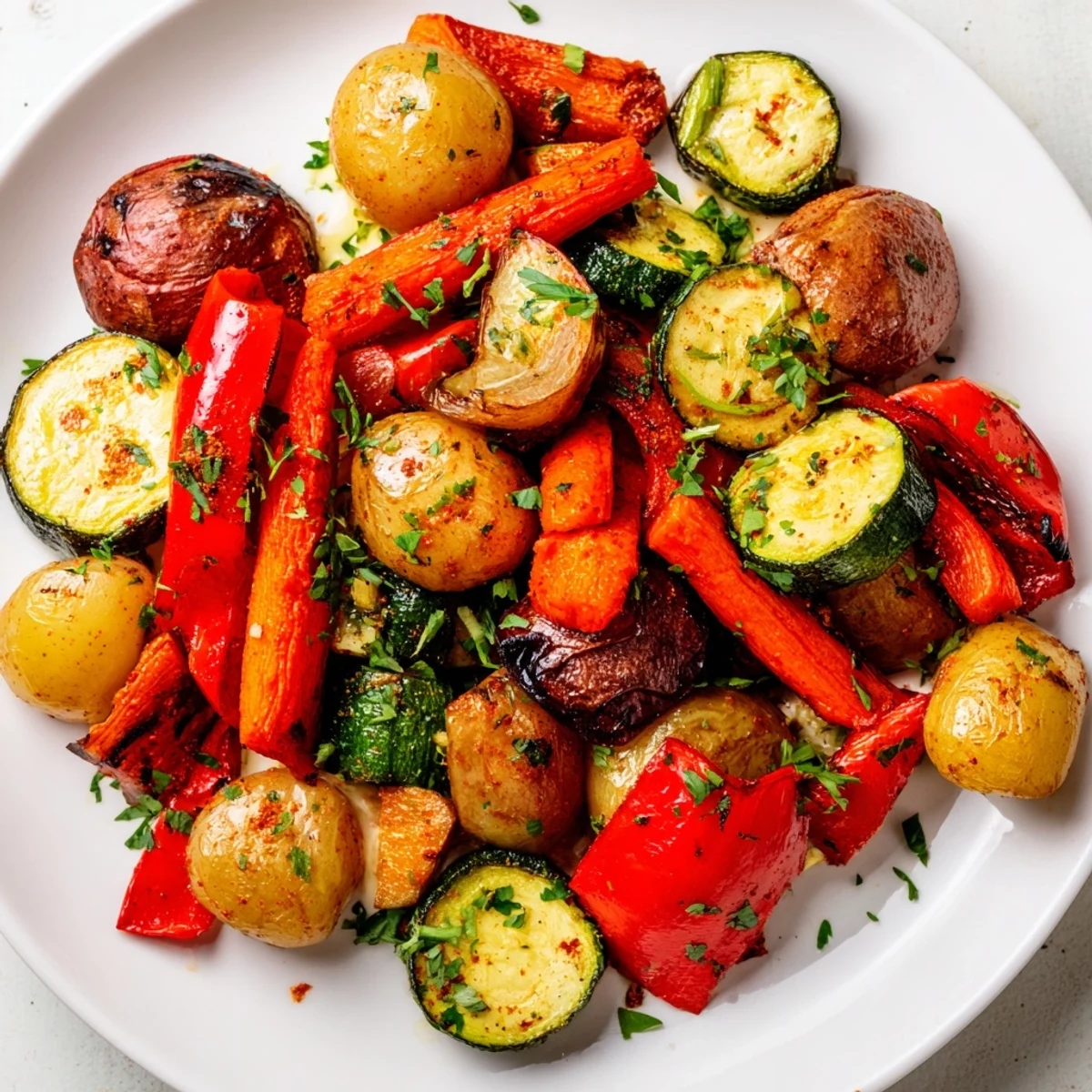 A close-up of caramelized Roasted Supper Veggies with crispy edges, served as a vibrant side.