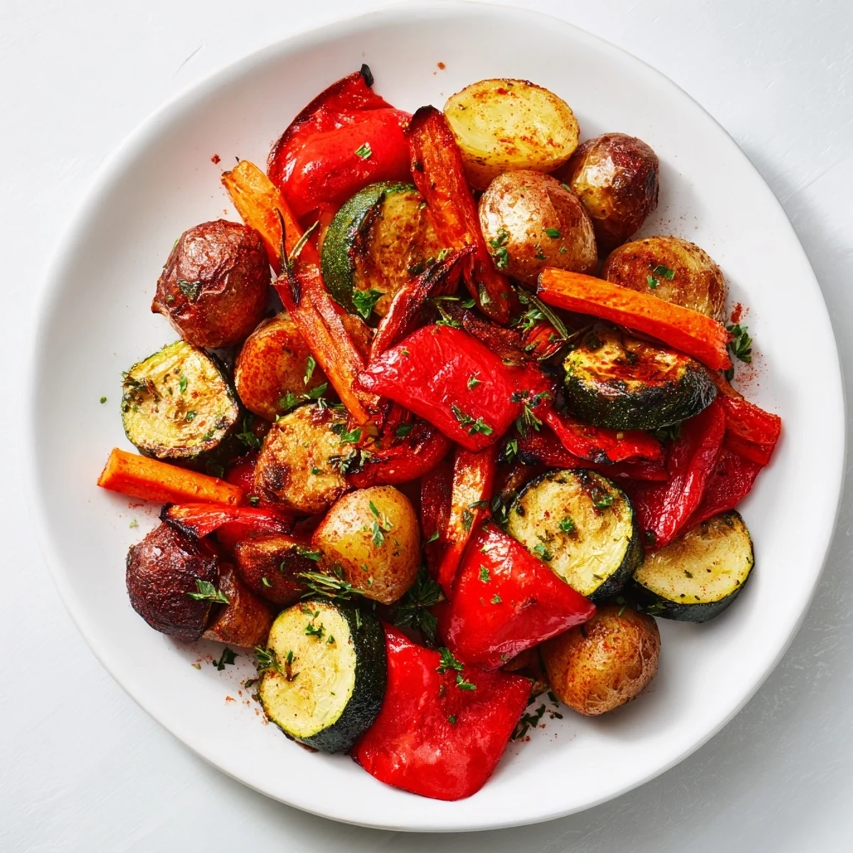 Golden-brown Roasted Supper Veggies on a baking sheet, seasoned with thyme and rosemary.