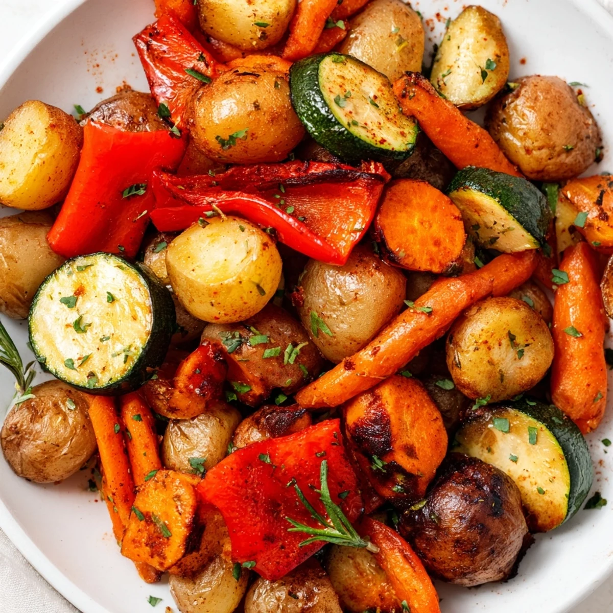 Crispy Roasted Supper Veggies featuring carrots, potatoes, and bell peppers, finished with fresh parsley.