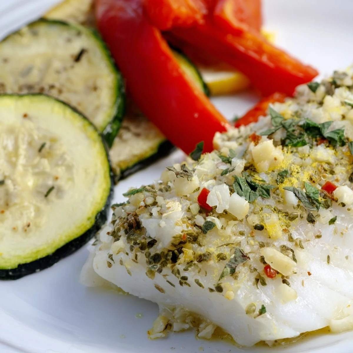 A close-up of golden Baked Cod Supper Fillet alongside cherry tomatoes and herbs, served on a rustic ceramic platter.