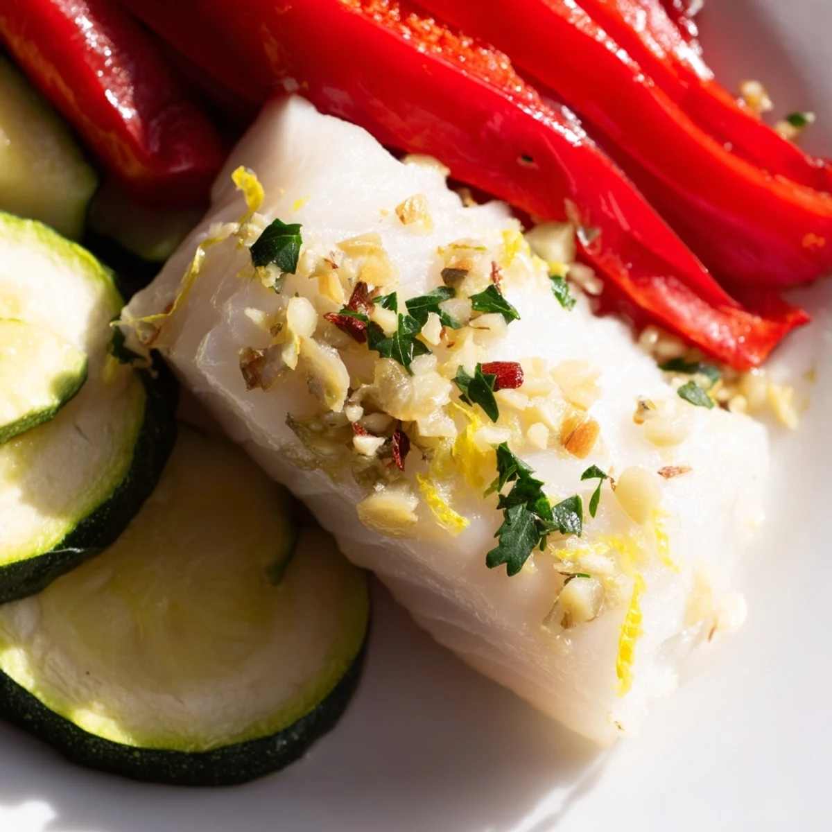 Tender Baked Cod Supper Fillet served with a colorful medley of roasted vegetables and lemon wedges for a fresh squeeze.