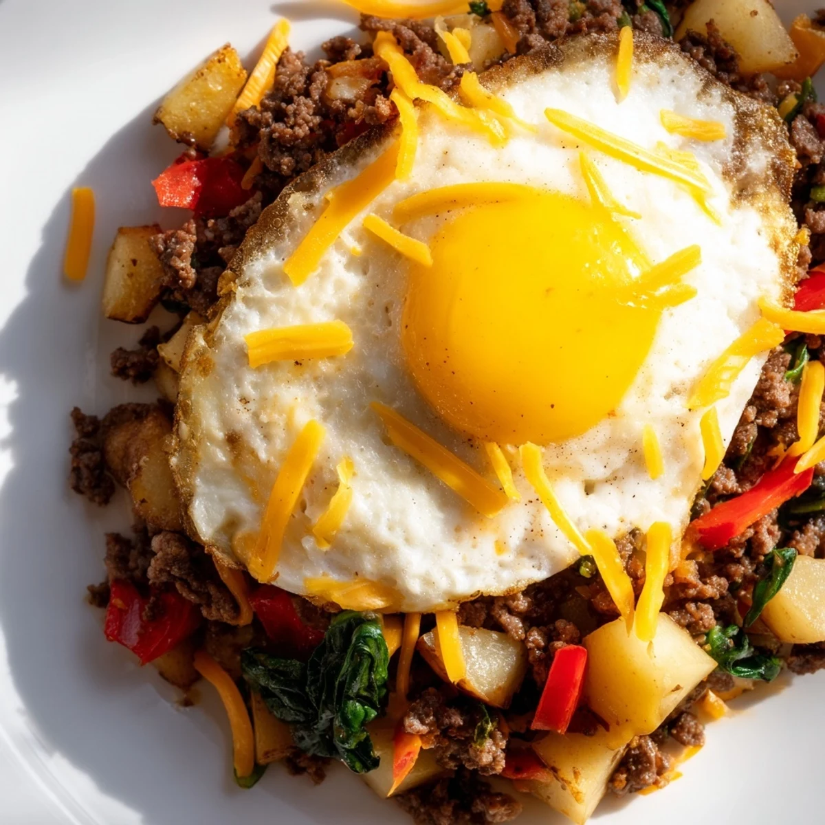 Golden beef and crispy potatoes in a skillet with baked eggs, melted cheddar, and wilted spinach for a hearty brunch.