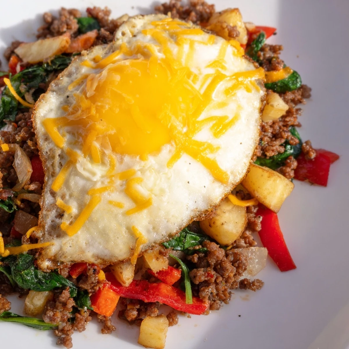 One-pan Beef Brunch Skillet topped with peppers, onions, and a sprinkle of fresh chives for a colorful weekend meal.