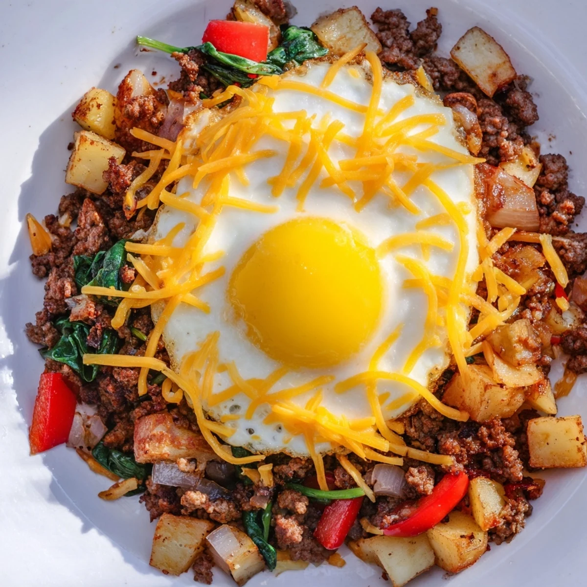 A close look at the Beef Brunch Skillet with soft eggs, savory ground beef, and a drizzle of hot sauce.