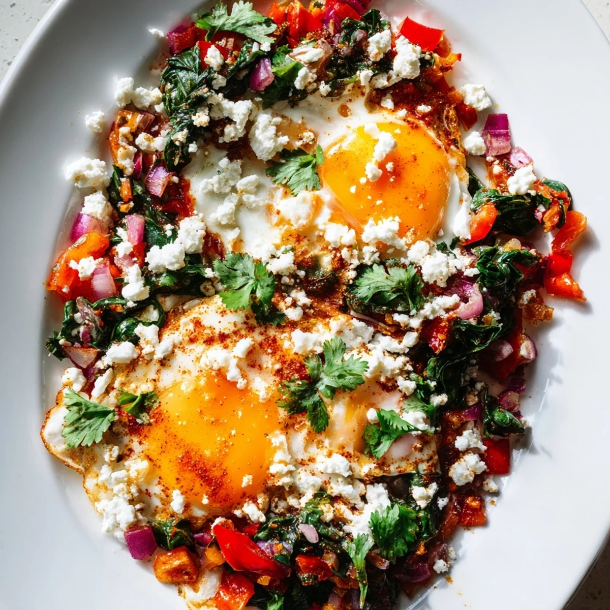 A steaming skillet of Spicy Brunch Eggs features runny yolks, sautéed peppers, and crumbled feta cheese.