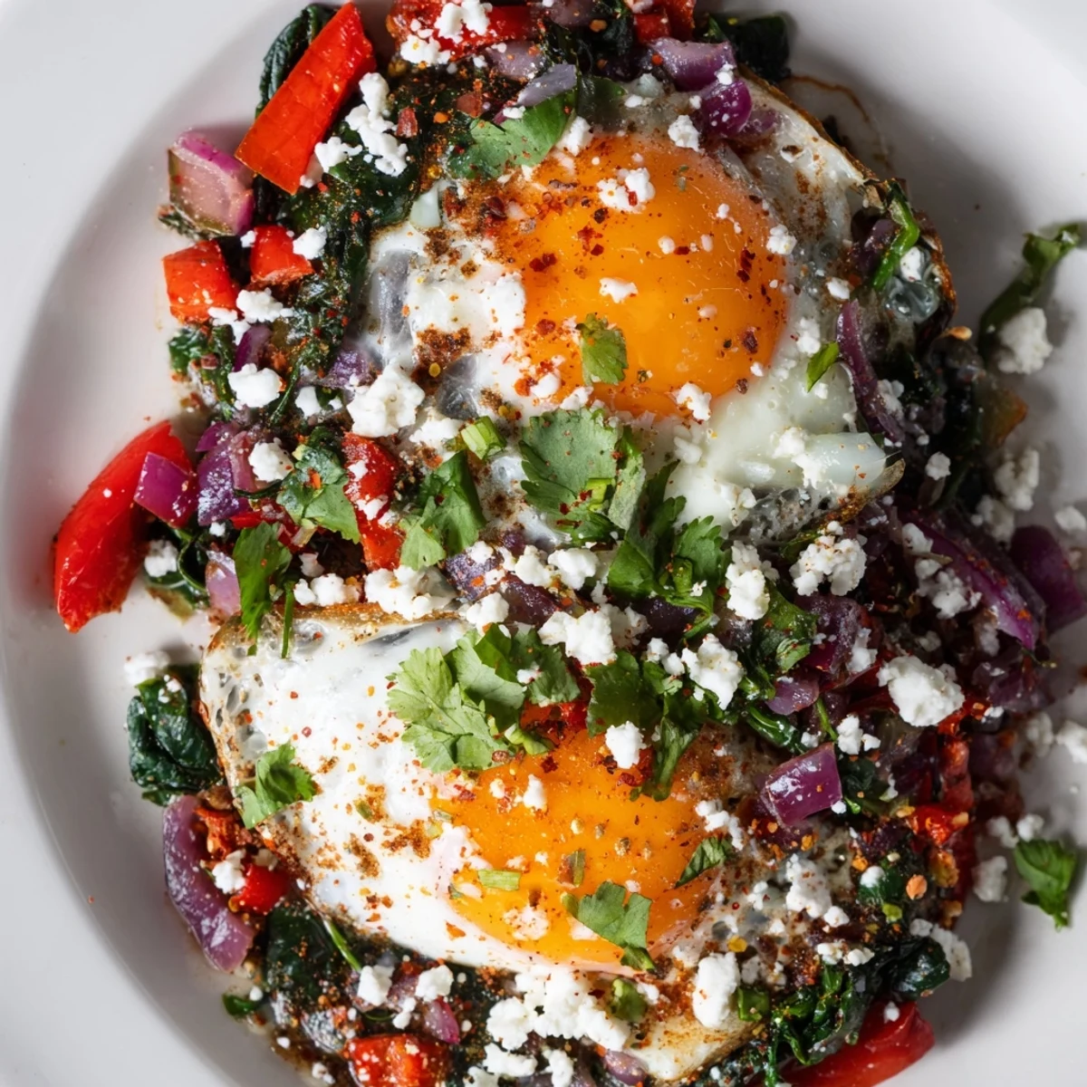 Sizzling Spicy Brunch Eggs with colorful vegetables, topped with feta, ready for a hearty weekend breakfast.