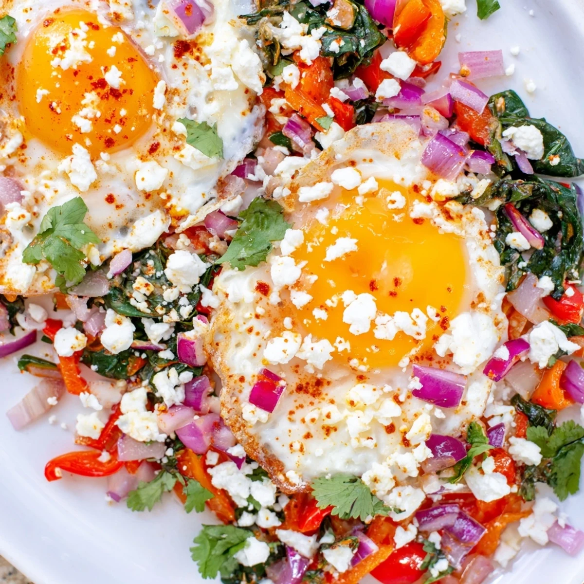 Vibrant Spicy Brunch Eggs topped with fresh cilantro and hot sauce served with warm tortillas.