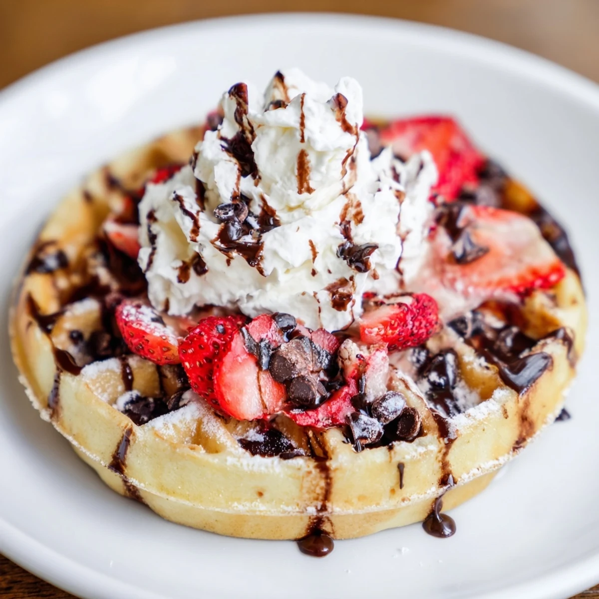 Golden-brown Chocolate Brunch Waffle with a fluffy interior, topped with fresh berries, whipped cream, and a drizzle of chocolate sauce.