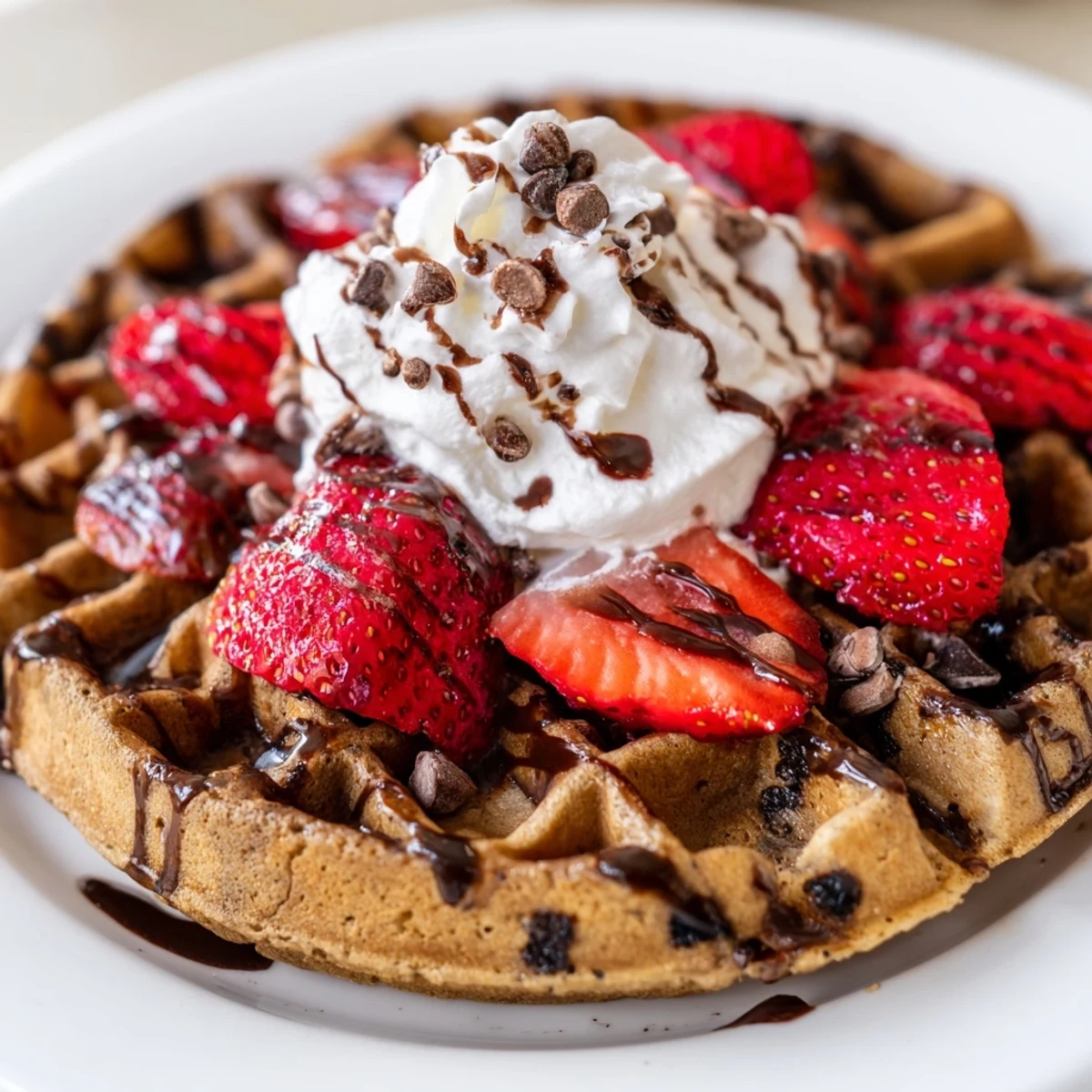 Freshly made Chocolate Brunch Waffle beside a bowl of mixed berries and syrup, ready to be enjoyed.