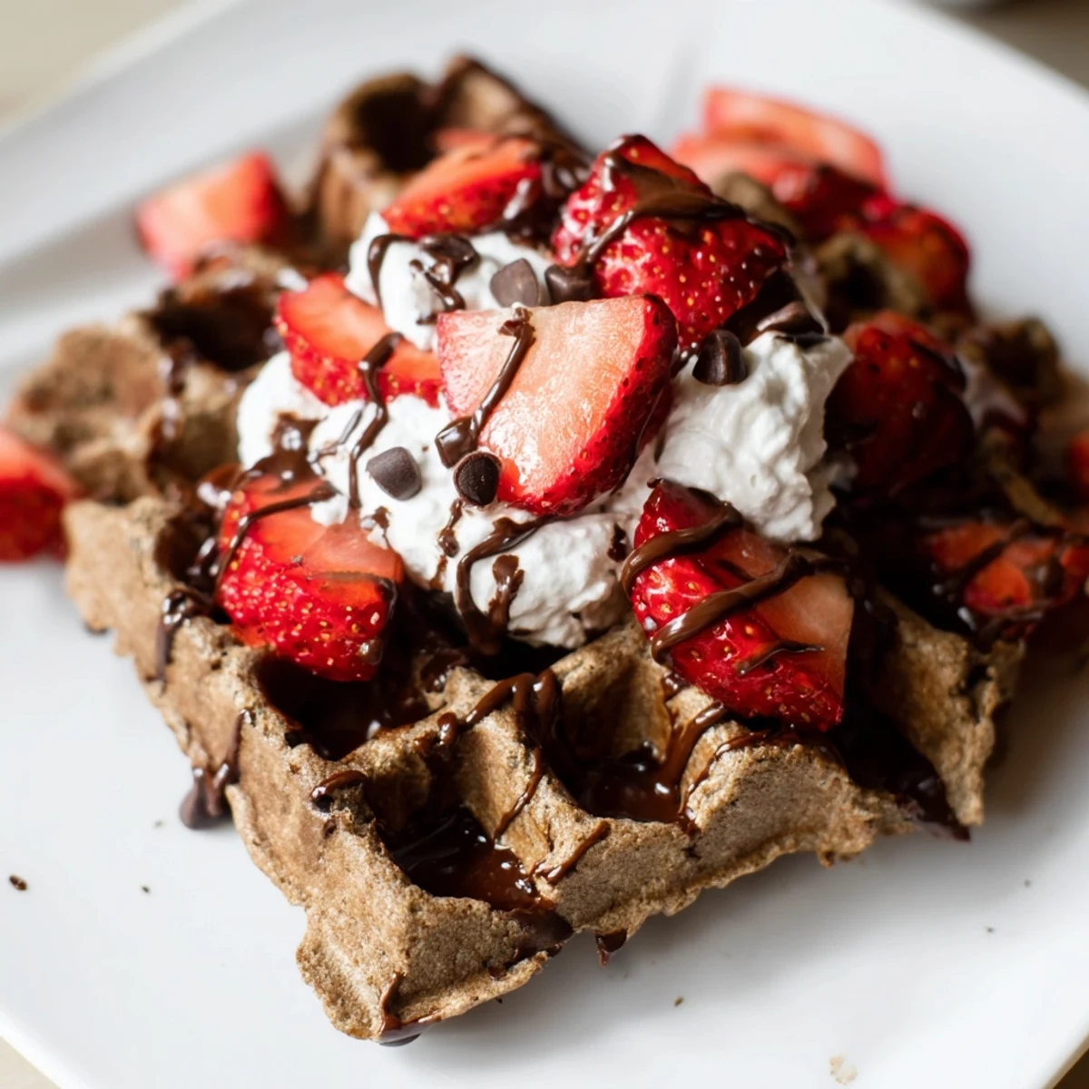 A single serving of warm Chocolate Brunch Waffle, featuring rich cocoa flavor and a crisp, crunchy exterior.