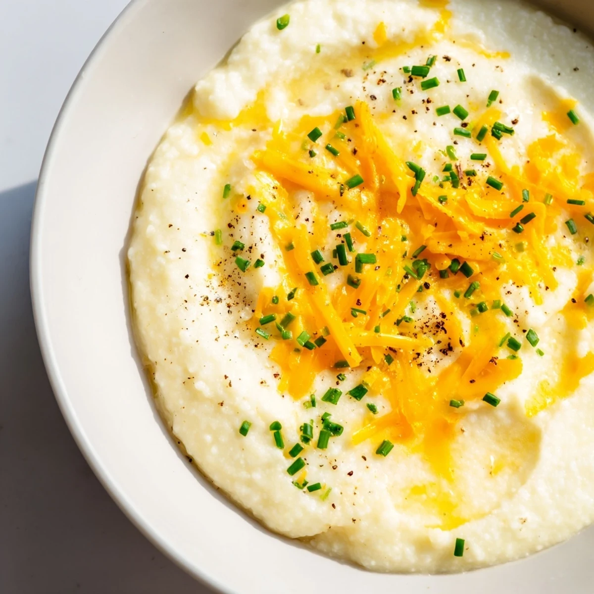 Velvety Creamy Brunch Grits topped with chives, ready to pair with sautéed vegetables or bacon.