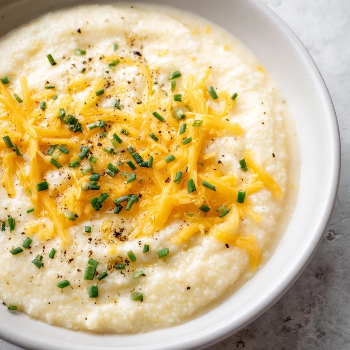 Creamy Brunch Grits in a white bowl topped with fresh chives and cracked black pepper, steaming hot.
