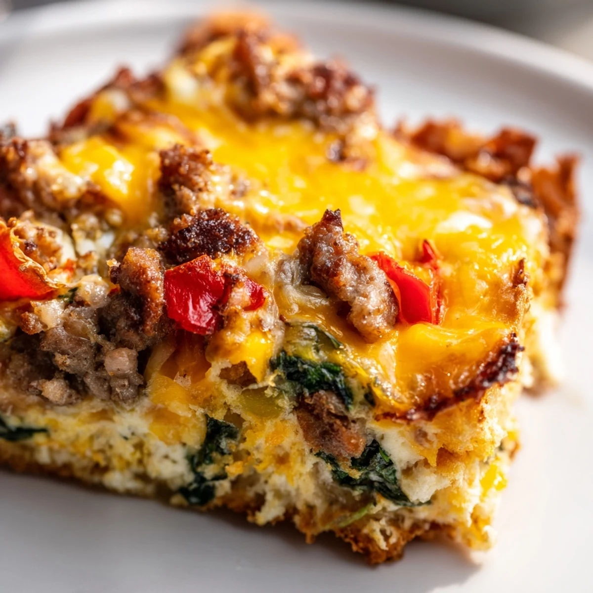 A slice of Winter Brunch Casserole on a plate, served with fresh fruit salad.