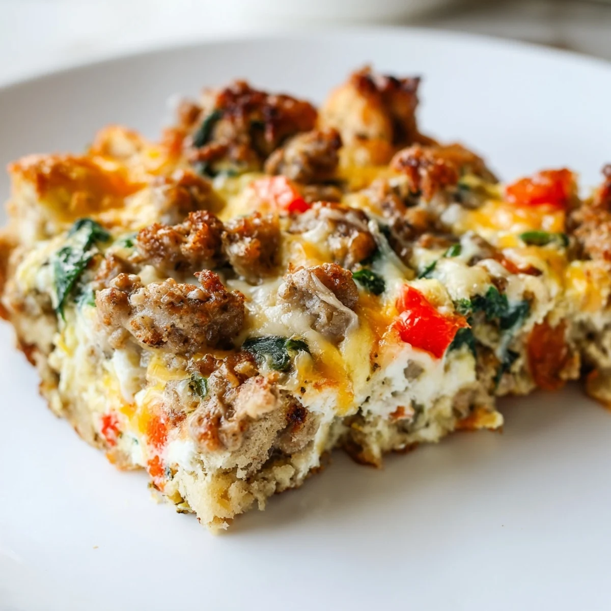 Hearty Winter Brunch Casserole showing layers of bread, spinach, bell peppers, and savory sausage.