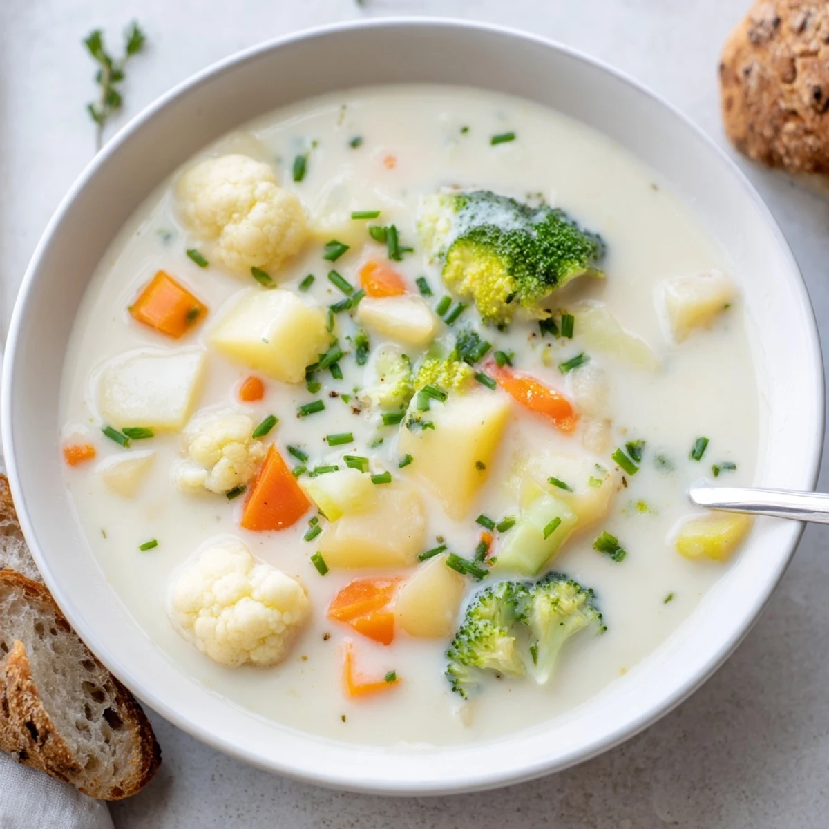 Creamy Supper Soup served steaming hot in a white bowl, garnished with fresh chives.