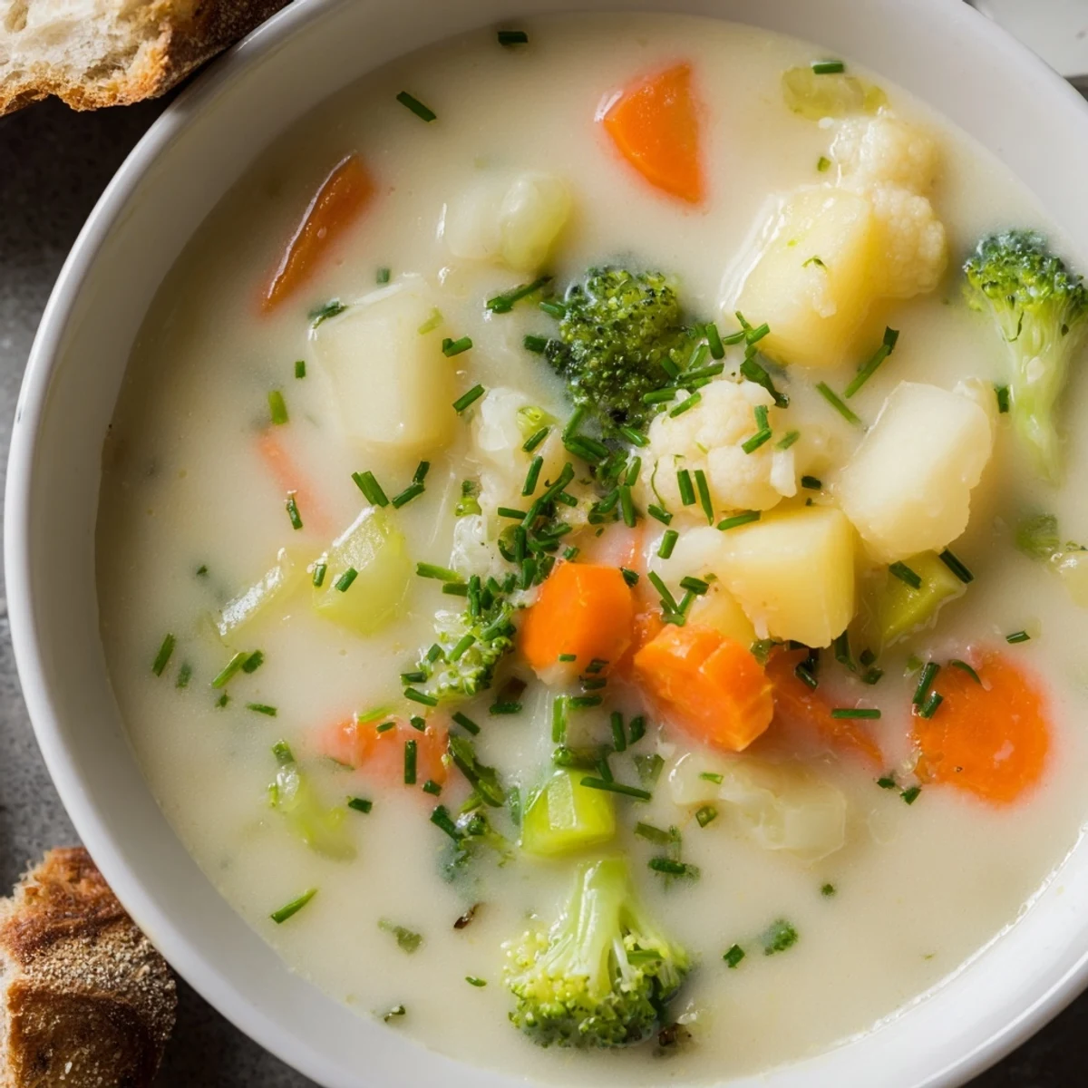 A ladled bowl of Creamy Supper Soup paired with crusty bread on the side.