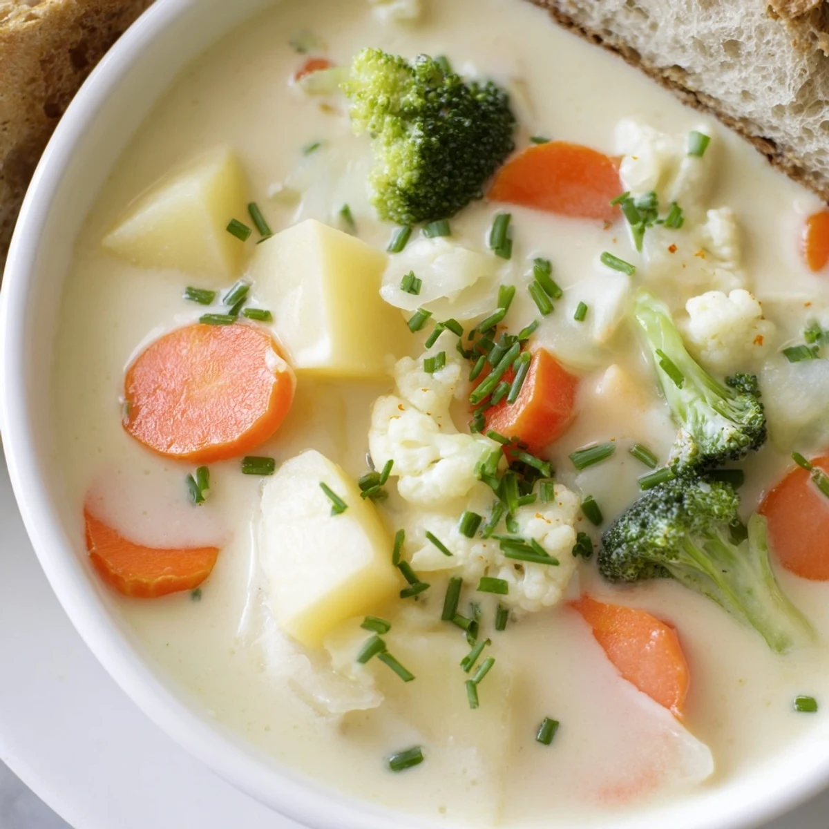 Spoon-ready Creamy Supper Soup showing velvety texture with tender broccoli and cauliflower florets.