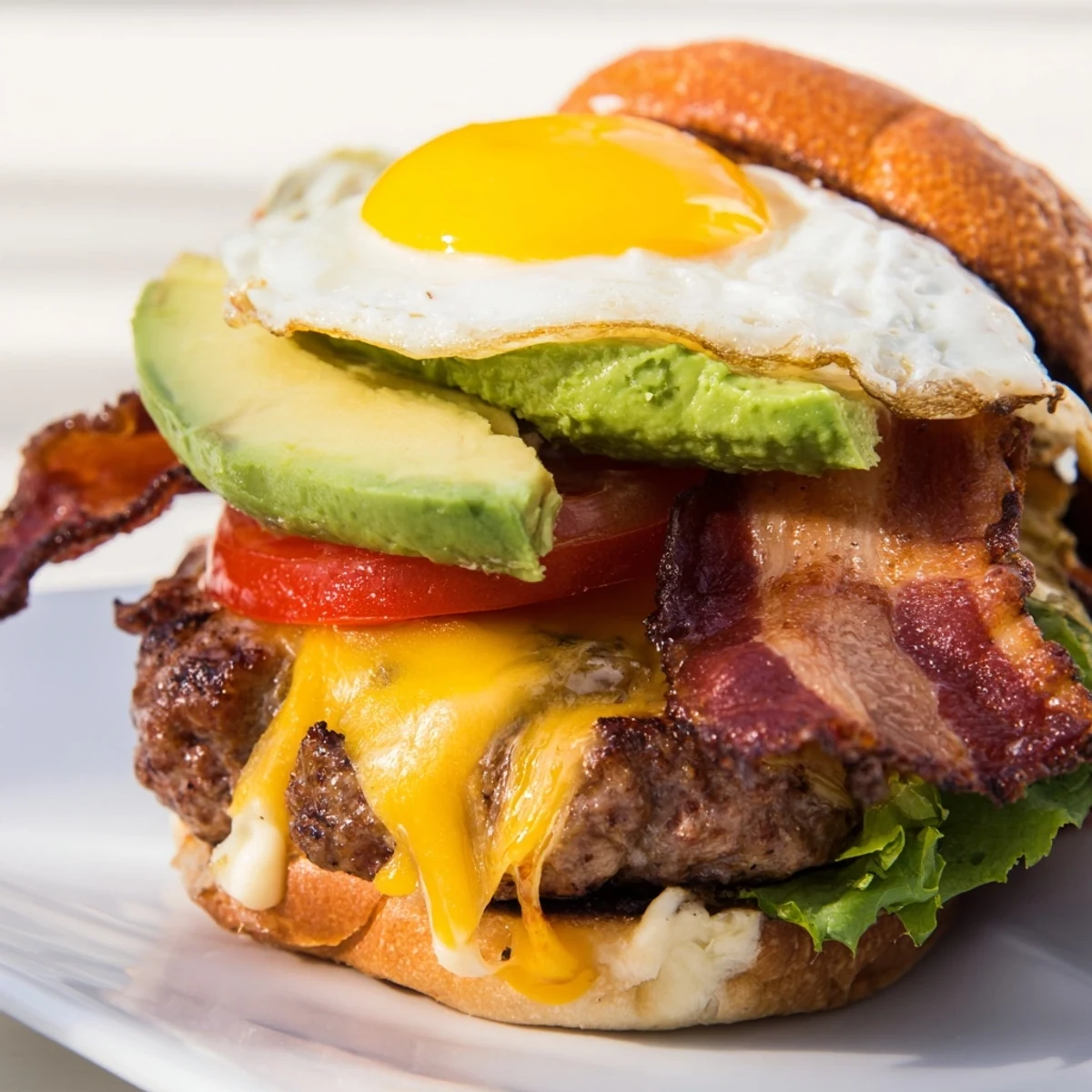 The finished Turkey Brunch Burger features a savory turkey patty, a sunny-side-up egg, and two strips of bacon on a toasted bun.