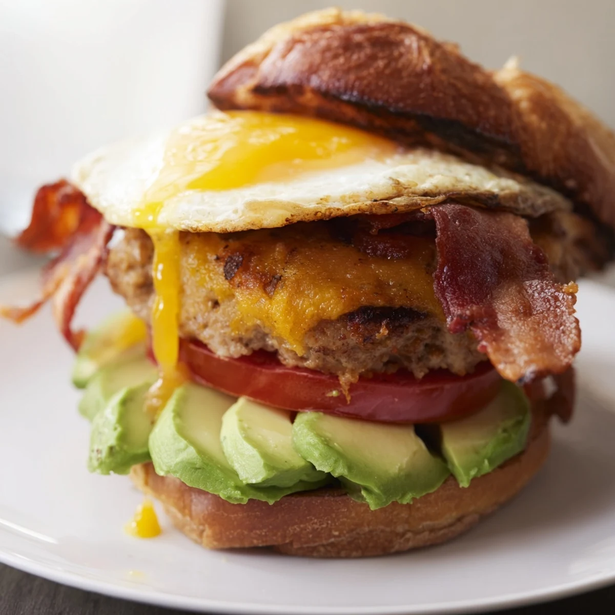 This delicious Turkey Brunch Burger is served on a plate with fresh lettuce, ripe avocado slices, and a side of golden fries.