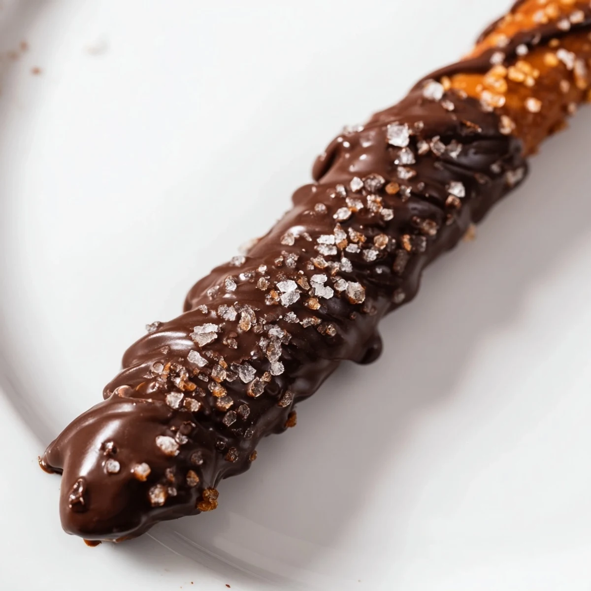 Freshly dipped chocolate pretzels with sea salt arranged on parchment, showing glossy dark chocolate coating and crunchy salty texture.