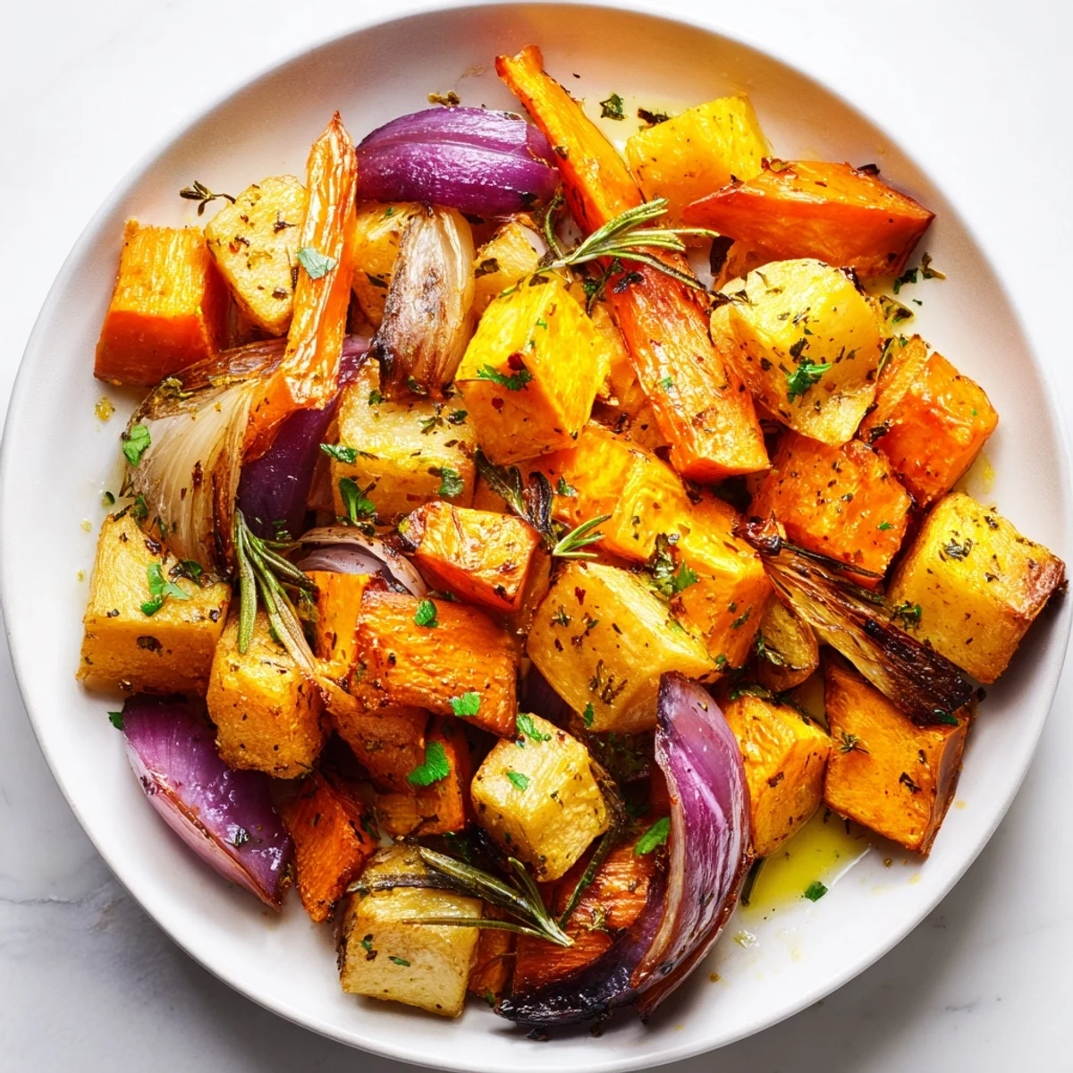 Golden, caramelized Roasted Root Vegetable Medley with Herbs fresh from the oven, served warm.