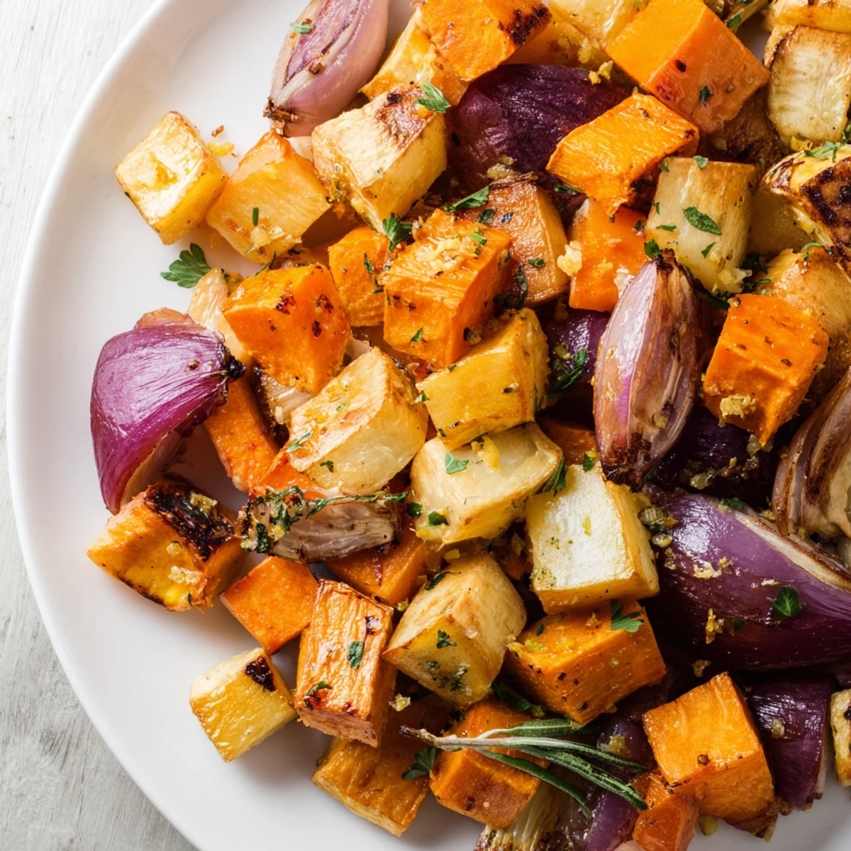 Colorful root vegetables roasted to perfection with thyme and garlic, ideal for a healthy dinner.
