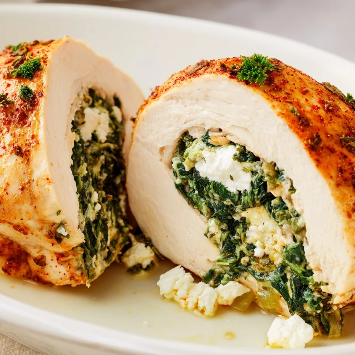 Spinach and Feta Stuffed Chicken Breast resting on a bed of roasted vegetables, steam rising from the golden edges.