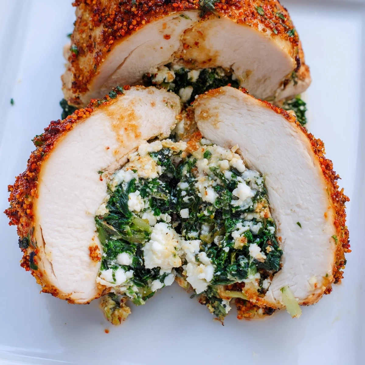 Golden-brown baked Spinach and Feta Stuffed Chicken Breast served hot on a white plate, showing the creamy green filling.