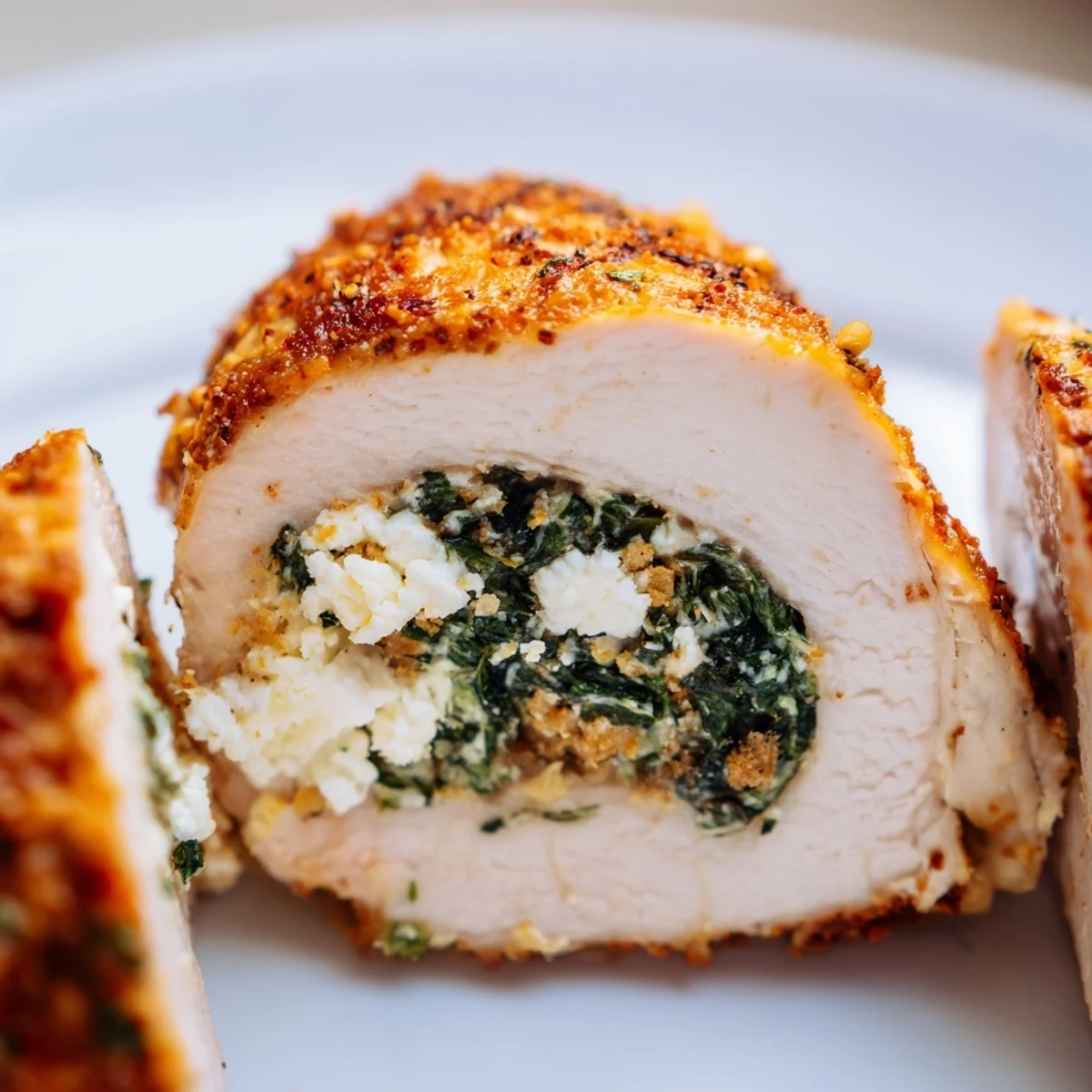 Juicy Spinach and Feta Stuffed Chicken Breast sliced open to reveal the savory spinach and creamy feta filling.