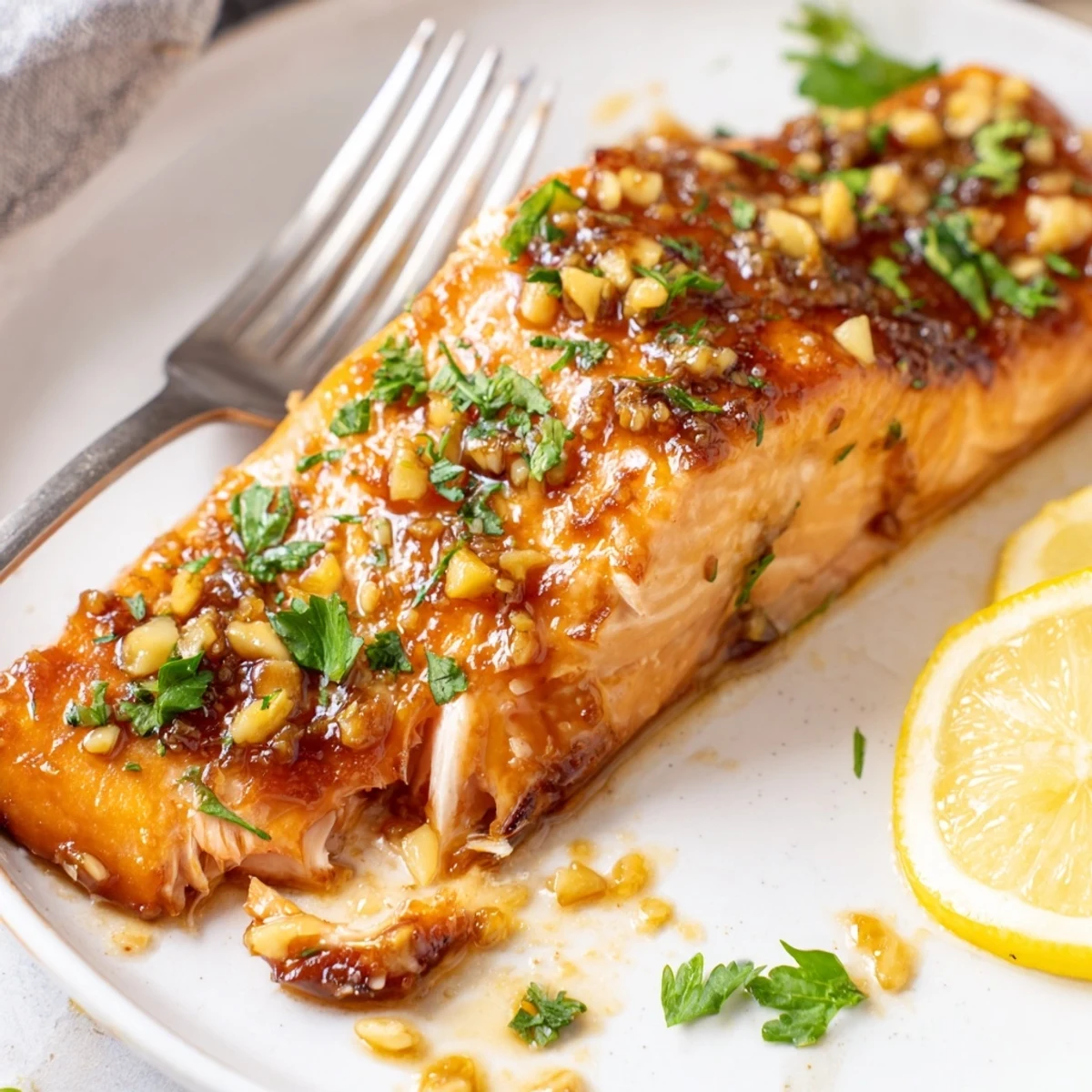 A close-up of Baked Salmon with Honey Garlic Glaze on a white plate, garnished with fresh parsley and lemon wedges.