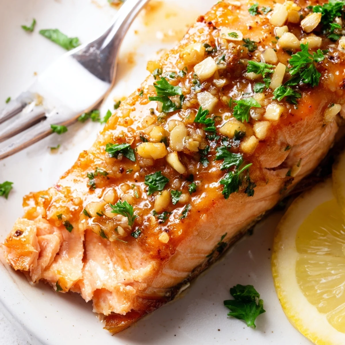 Perfectly flaky Baked Salmon with Honey Garlic Glaze paired with roasted asparagus and lemon wedges.