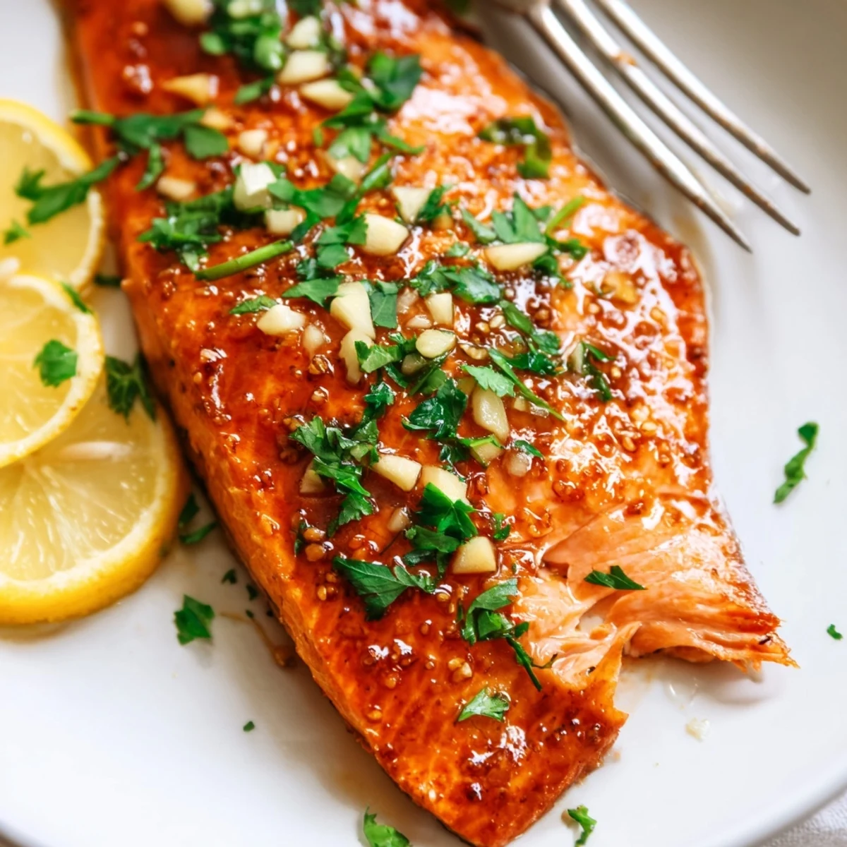 Golden Baked Salmon with Honey Garlic Glaze brushed with sauce, ready to serve for an easy dinner.