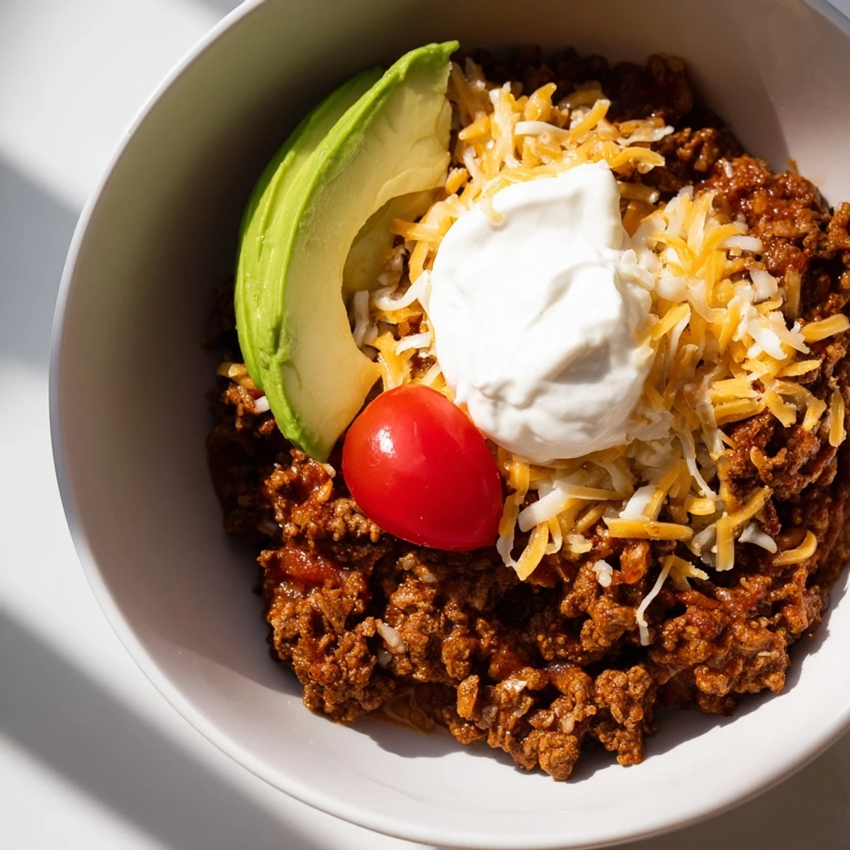 Freshly cooked Beef Burrito Bowls with rice and black beans, topped with sliced avocado and melted cheese on a dinner table.