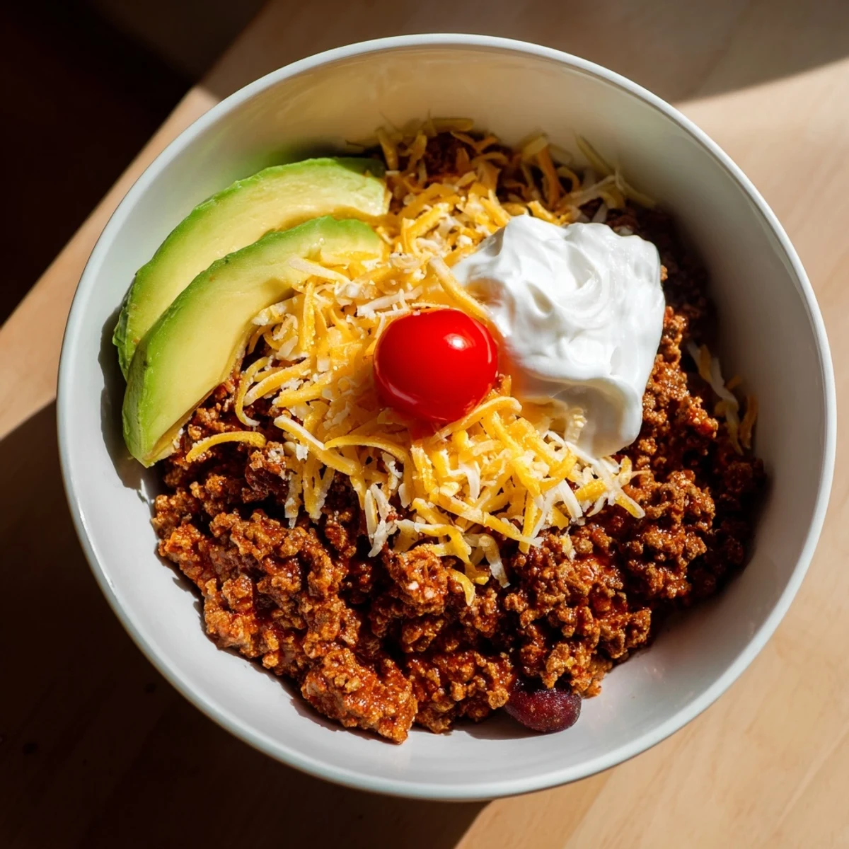 A close-up of Beef Burrito Bowls featuring seasoned ground beef, fluffy rice, and vibrant toppings like sour cream and cherry tomatoes.